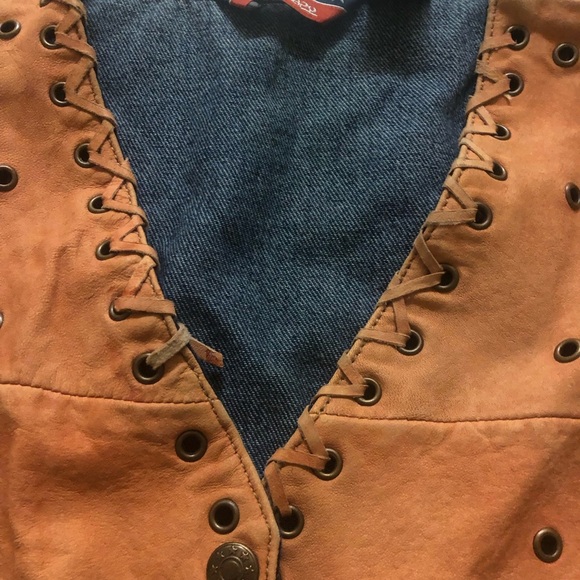 Vintage Y2K leather and denim vest Medium Button Down with rivets Orange *Flaw** - Picture 4 of 7